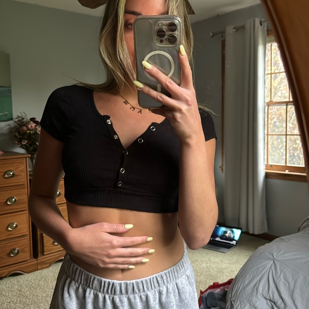 Forever 21 Black Button Down Crop Top